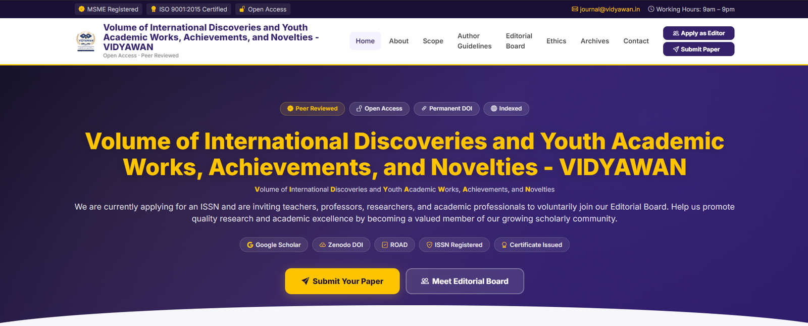 Volume of International Discoveries and Youth Academic Works, Achievements, and Novelties - VIDYAWAN JOURNAL – Vidyawan Event